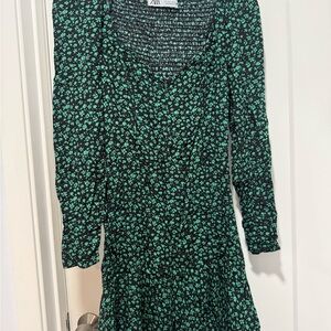 Zara Green and Black Floral Long Sleeve Dress